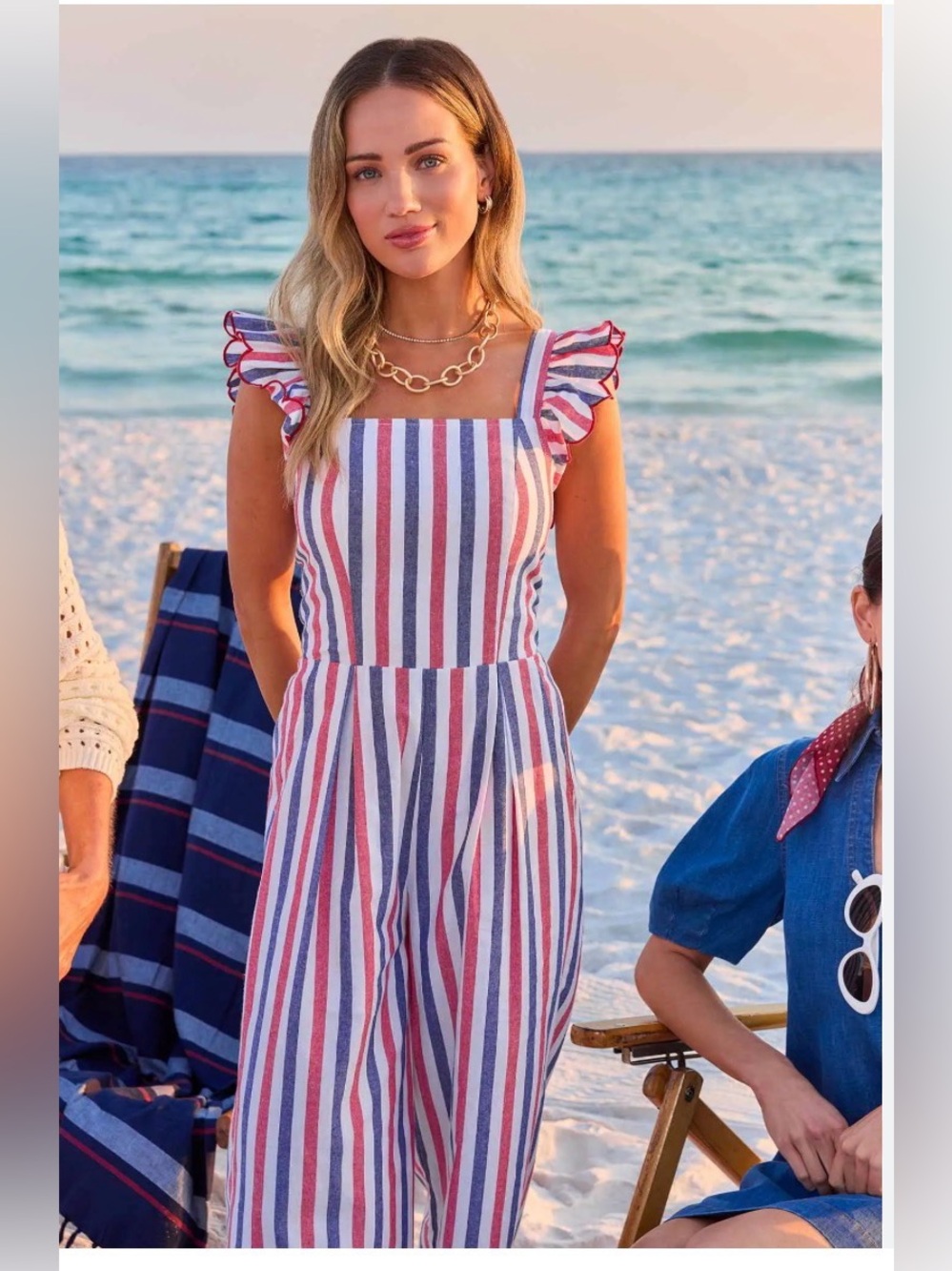 Fate Red, White & Blue Striped Ruffle-Shoulder Jumpsuit